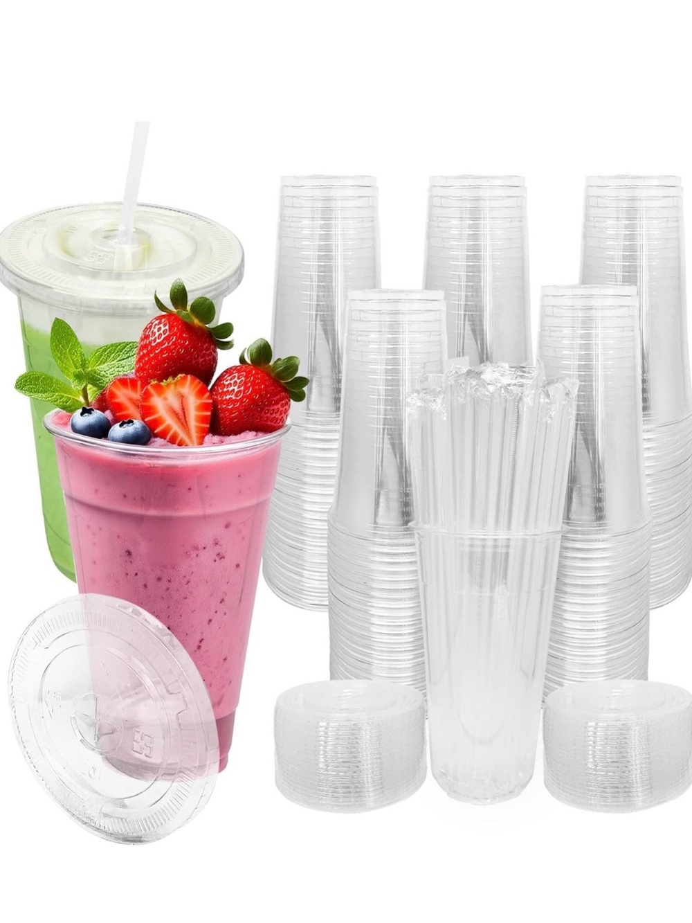 [100 SETS] 32 oz Cups with lids, Plastic cups with lids and straws